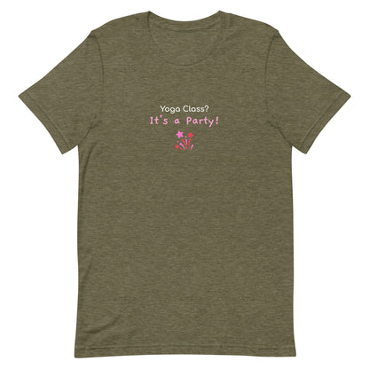 Heather olive green unisex t-shirt with the phrase “Yoga Class? It’s a Party!” in fun, bold typography. A playful design that brings energy and humor to group yoga lovers.