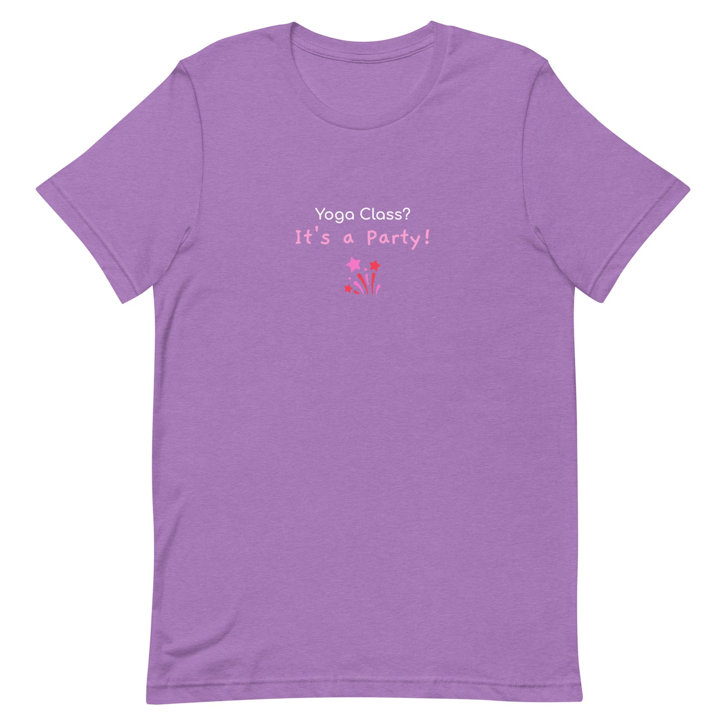 Heather team purple unisex t-shirt with the phrase “Yoga Class? It’s a Party!” in fun, bold typography. A playful design that brings energy and humor to group yoga lovers.