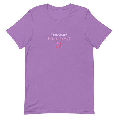 Heather team purple unisex t-shirt with the phrase “Yoga Class? It’s a Party!” in fun, bold typography. A playful design that brings energy and humor to group yoga lovers.