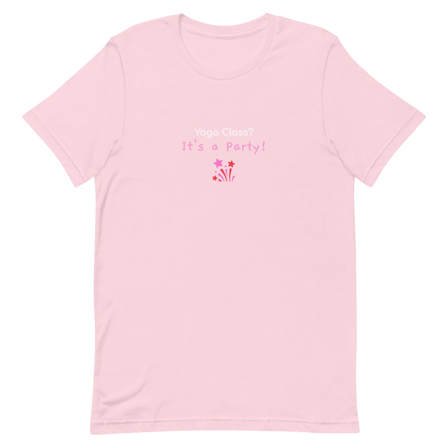 Soft pink unisex t-shirt with the phrase “Yoga Class? It’s a Party!” in fun, bold typography. A playful design that brings energy and humor to group yoga lovers.
