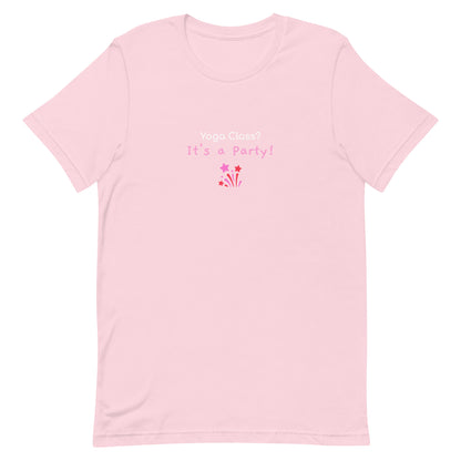 Soft pink unisex t-shirt with the phrase “Yoga Class? It’s a Party!” in fun, bold typography. A playful design that brings energy and humor to group yoga lovers.