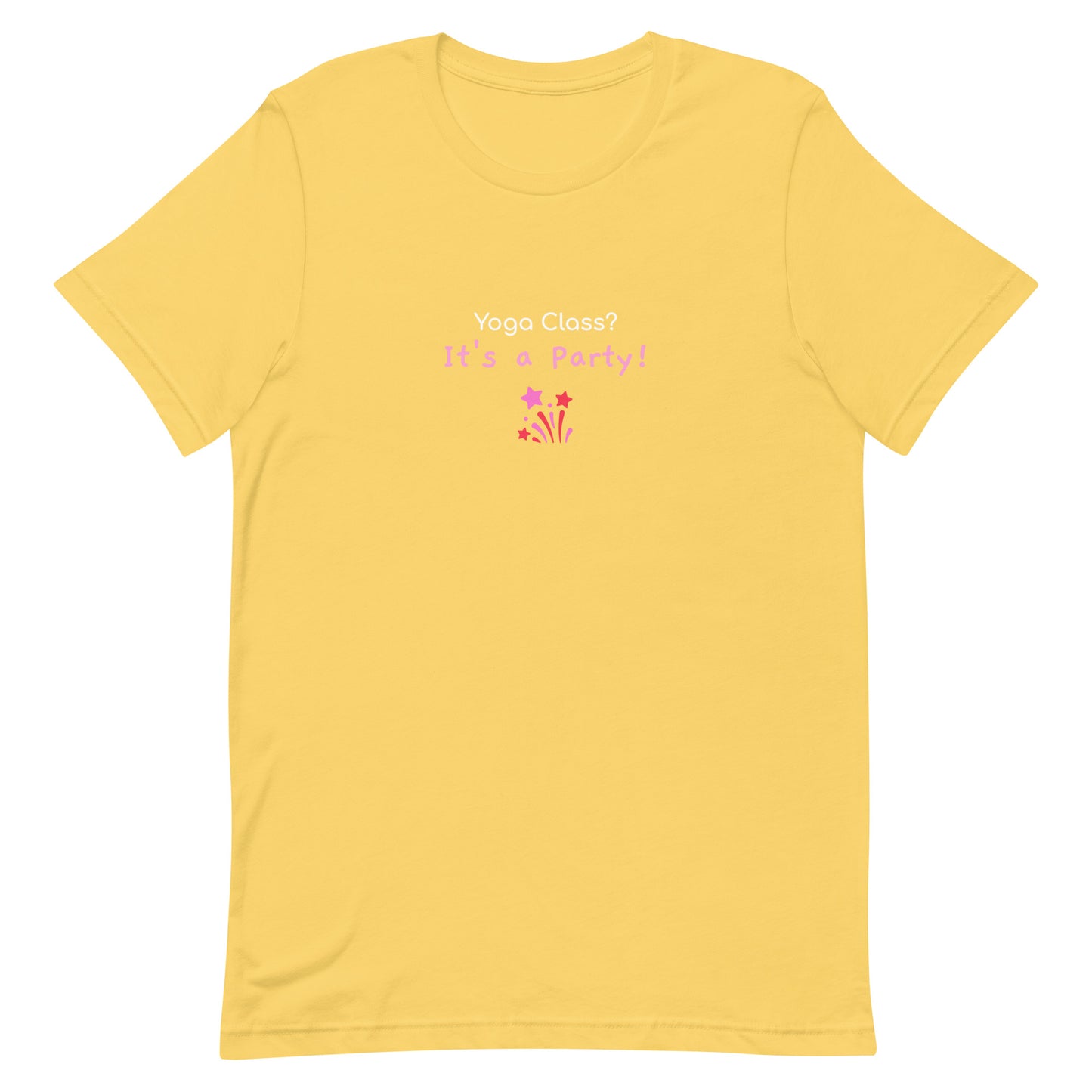 Yellow unisex t-shirt with the phrase “Yoga Class? It’s a Party!” in fun, bold typography. A playful design that brings energy and humor to group yoga lovers.