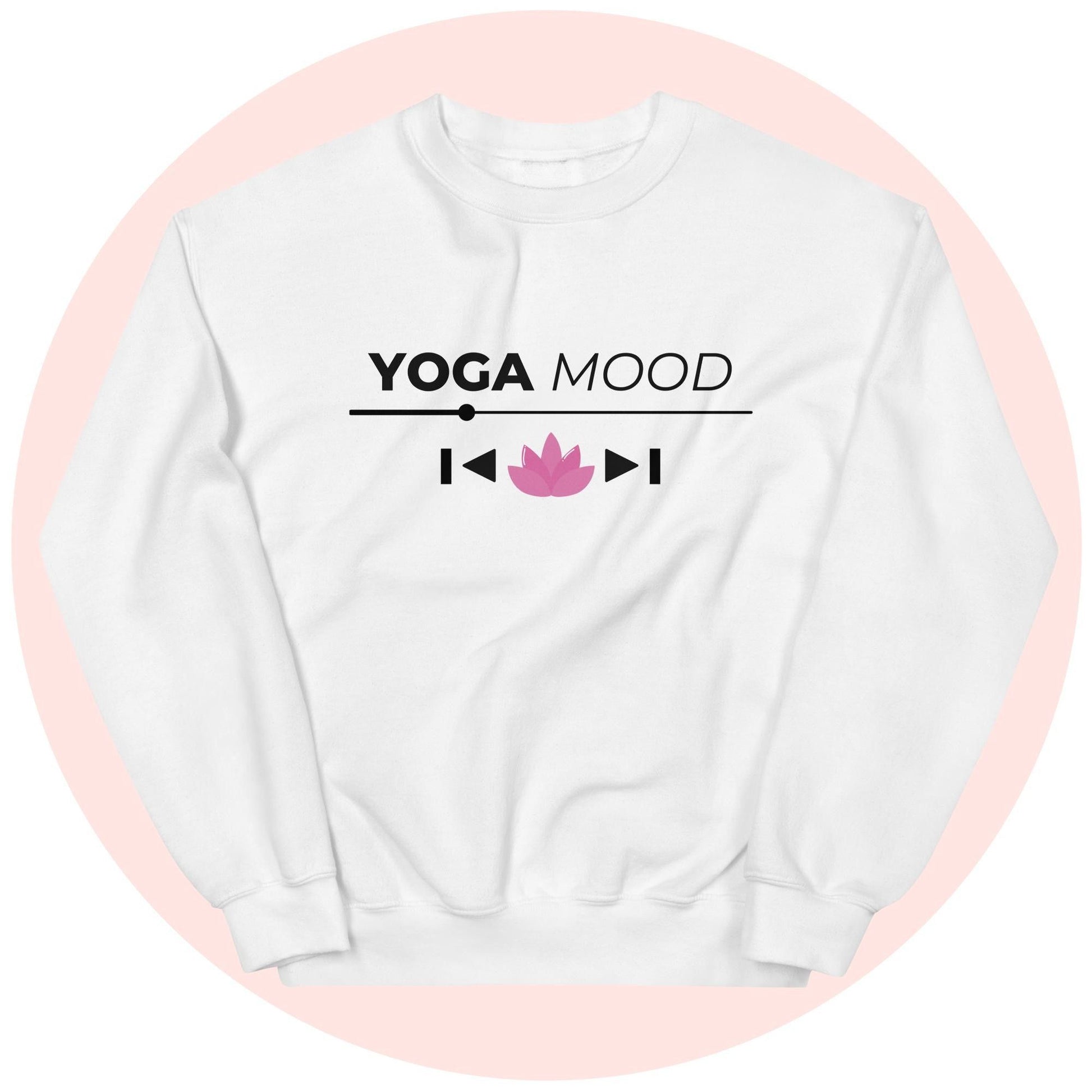 White Yoga Mood On sweatshirt with black text and pink lotus printed design, displayed on a light pink circle background