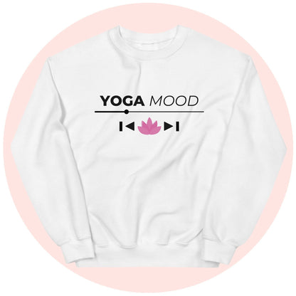 White Yoga Mood On sweatshirt with black text and pink lotus printed design, displayed on a light pink circle background