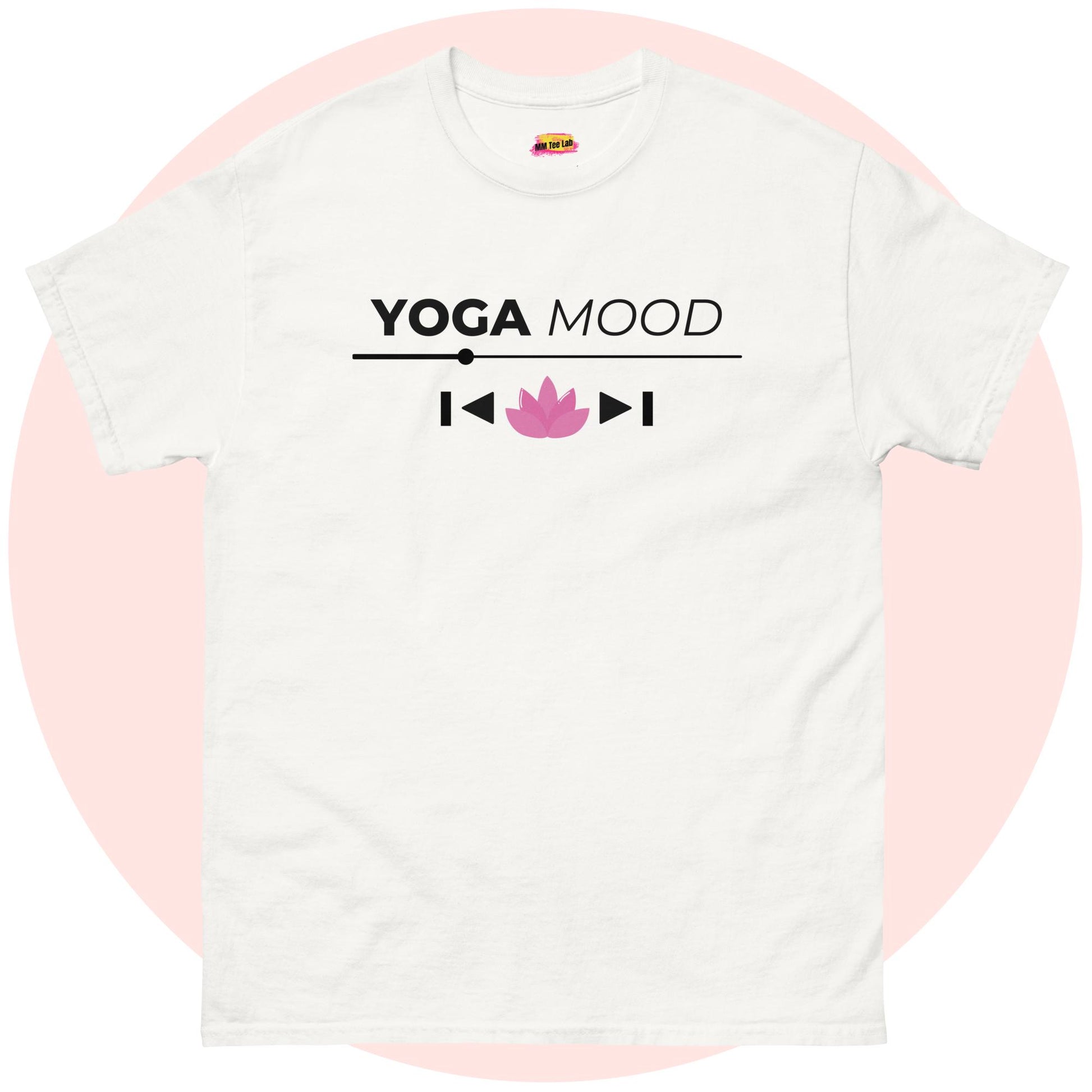 White Yoga Mood On t-shirt with black text and pink lotus design, displayed on a light pink circle background
