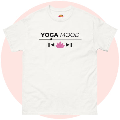 White Yoga Mood On t-shirt with black text and pink lotus design, displayed on a light pink circle background